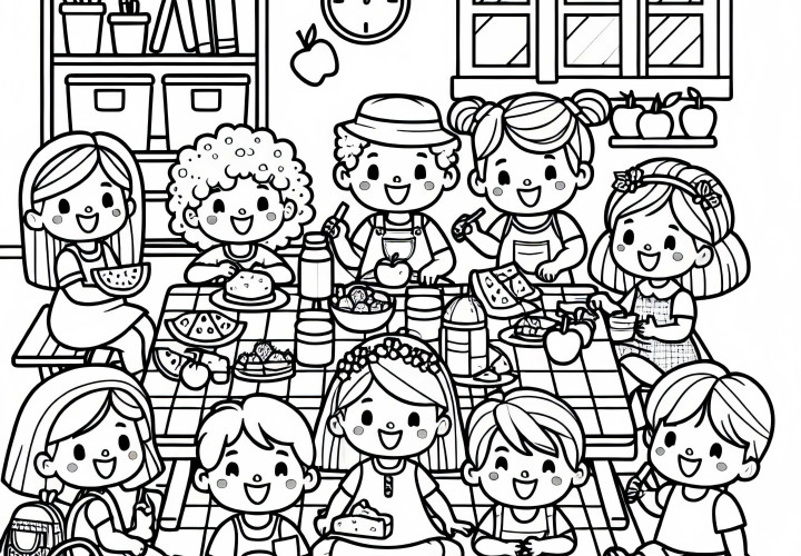 Дети устраивают веселый пикник в детской – Бесплатная раскраска