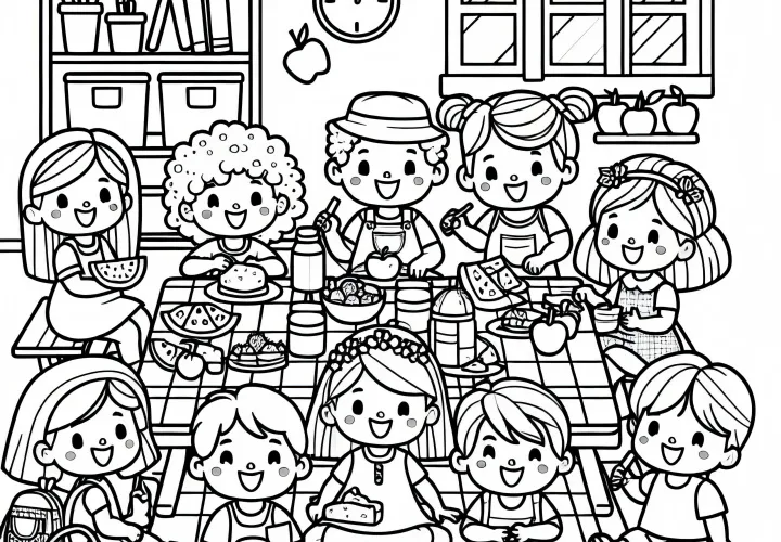 Дети устраивают веселый пикник в детской – Бесплатная раскраска