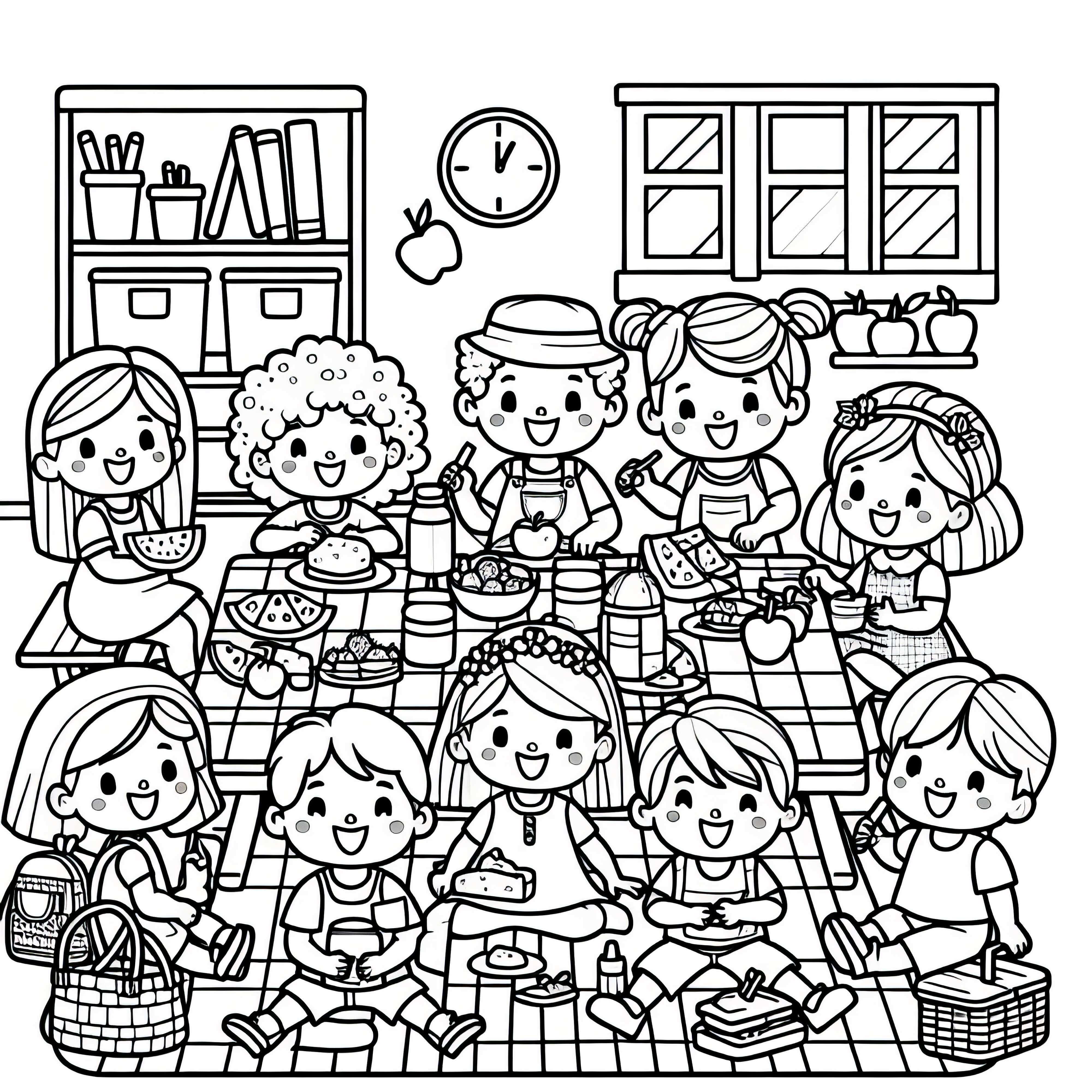 Дети организуют веселый пикник в детской – бесплатная раскраска Дети устраивают веселый пикник в детской комнате – Бесплатная раскраска