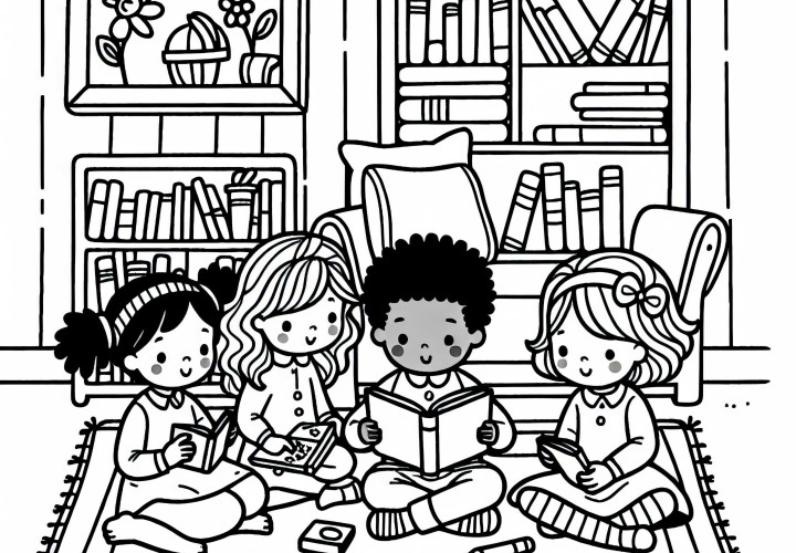 Дети читают вместе книжку с картинками в детской комнате, как бесплатный раскраски