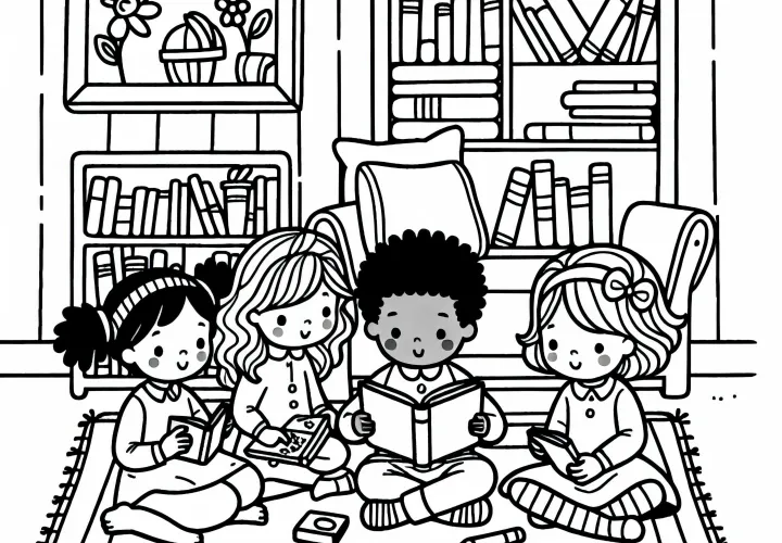 Дети читают вместе книжку с картинками в детской комнате, как бесплатный раскраски