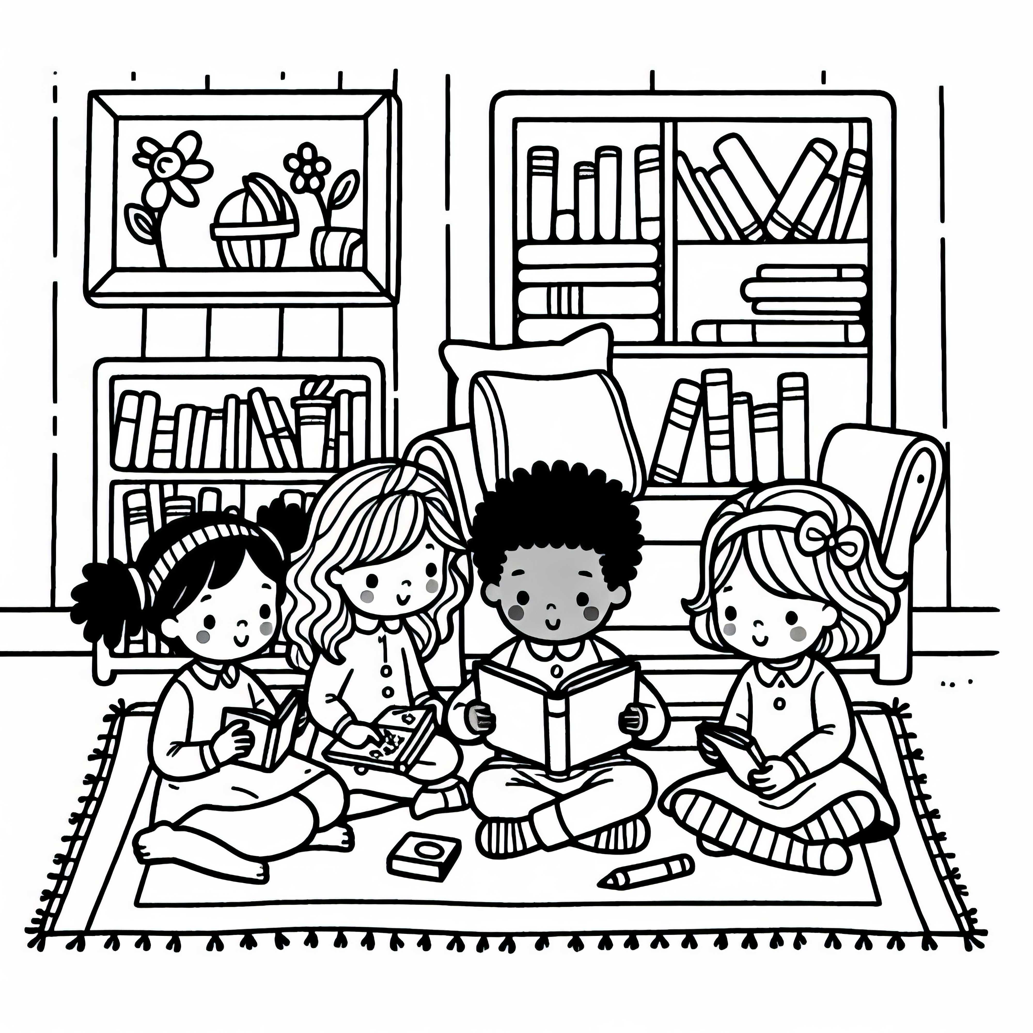 Дети читают вместе картонную книгу в детской комнате, бесплатно как раскраску Дети читают вместе книгу с картинками в детской комнате, как бесплатный раскраску