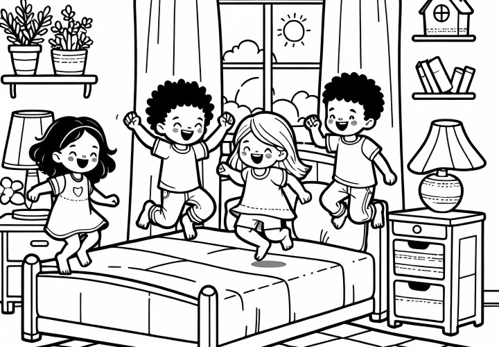 Дети весело прыгают на кровати в детской комнате – раскраска бесплатно
