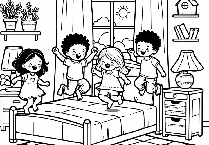 Дети весело прыгают на кровати в детской комнате – раскраска бесплатно