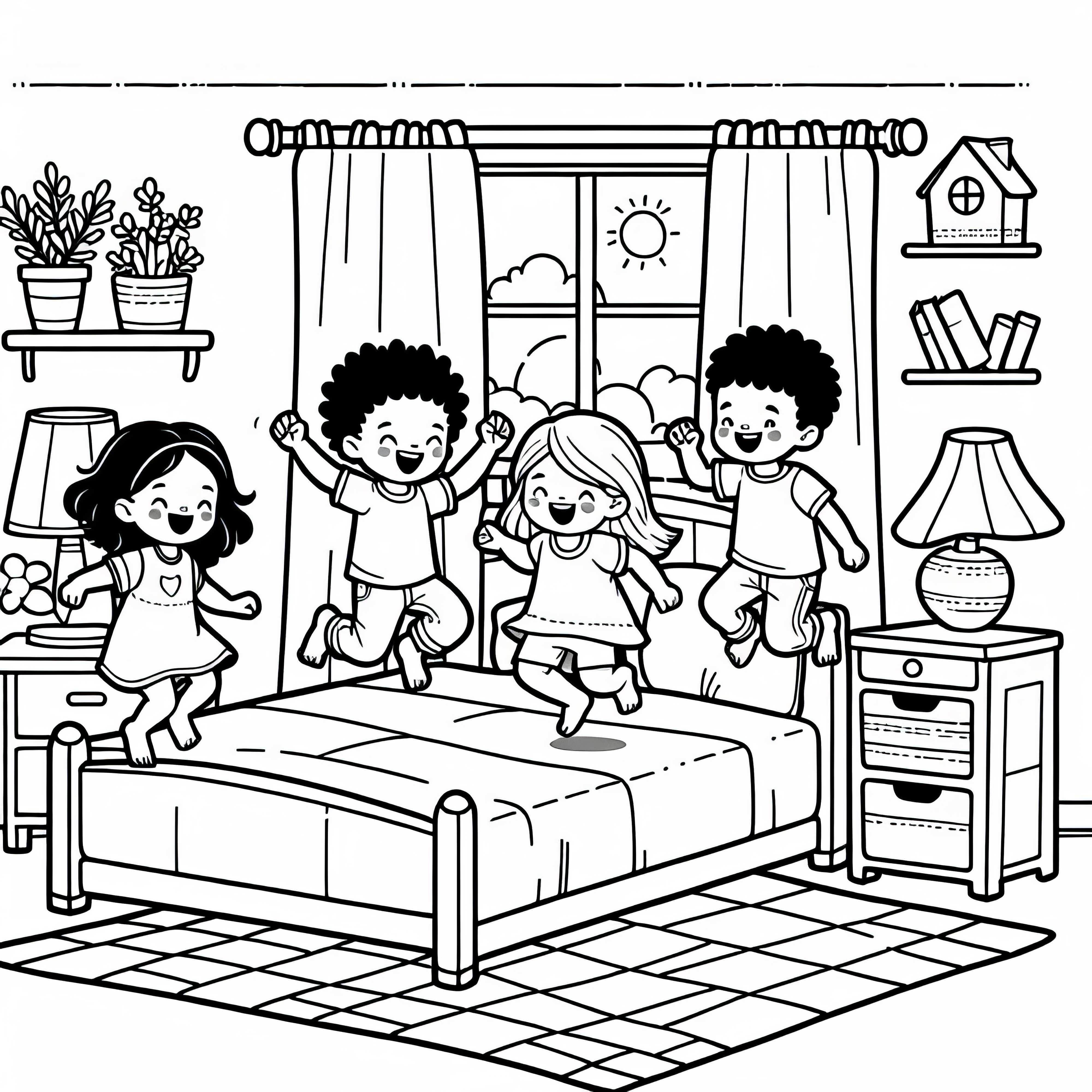 Дети весело прыгают на кровати в детской комнате – Раскраска бесплатно Дети весело跳ают на кровати в детской комнате – Раскраска бесплатно