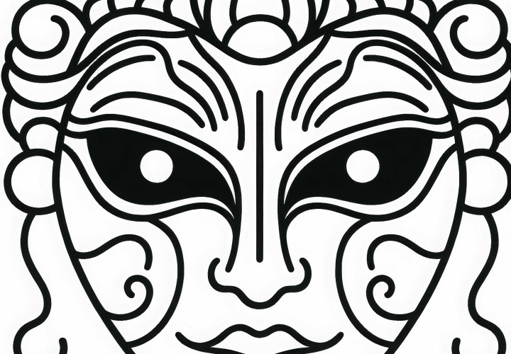 Japanische Theatermaske mit stilisierten Augen: Gratis Malvorlage