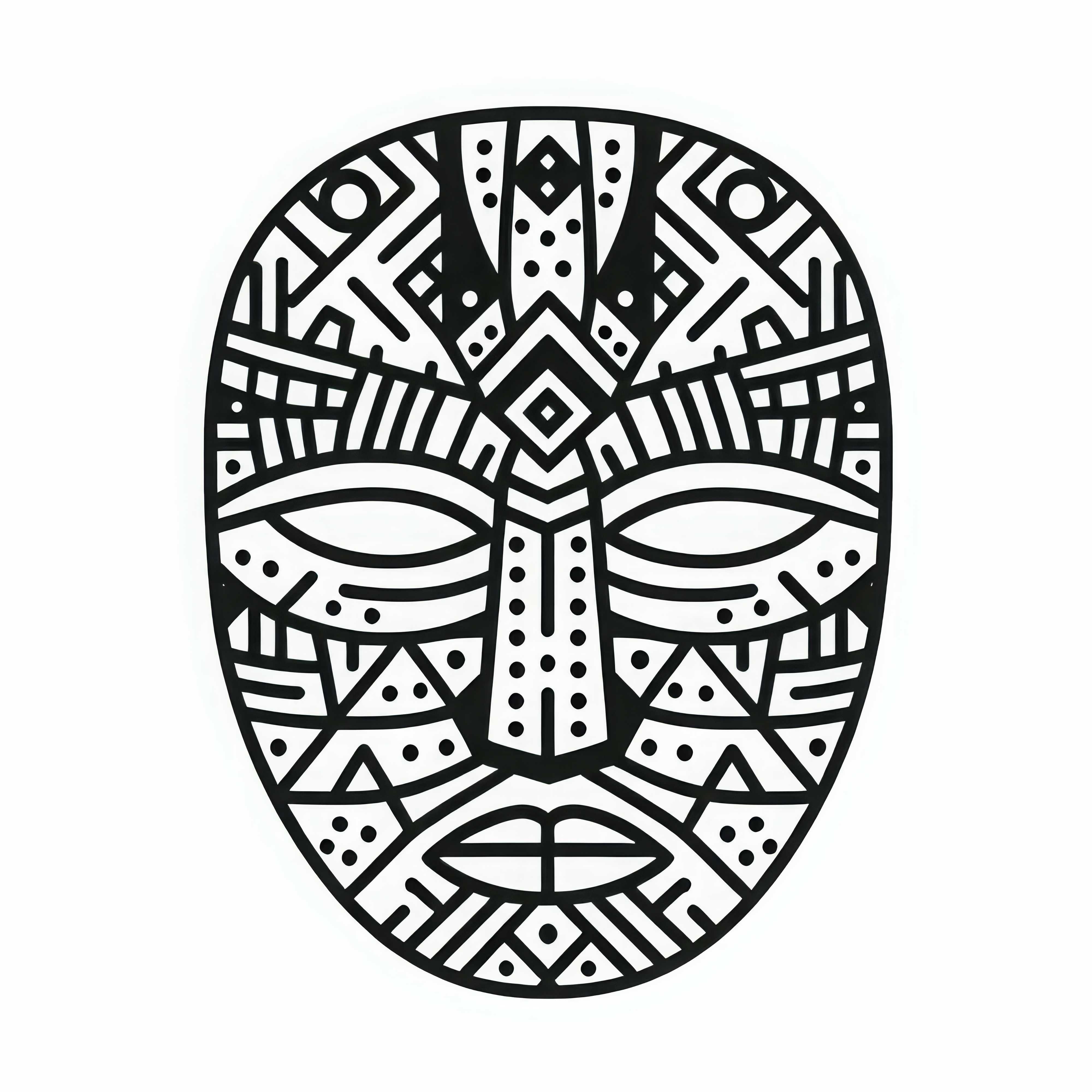 Afrikanische Holzmaske mit geometrischen Formen und Stammesmustern – Gratis Ausmalbild