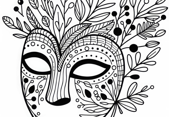 Ausmalbild einer Maske aus Naturmaterialien mit Blättern, Zweigen und Beeren als Deko-Elemente: Gratis Malvorlage