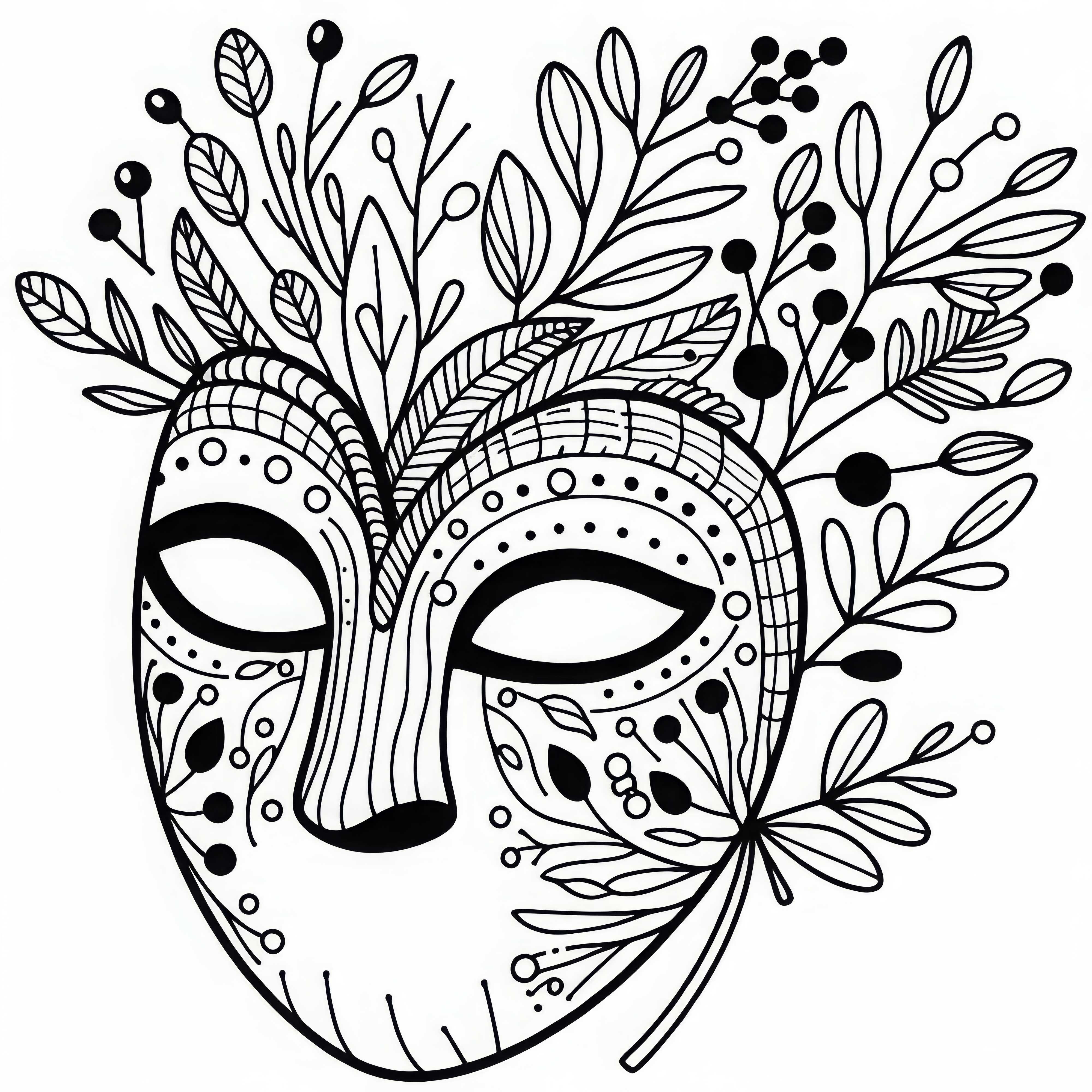Ausmalbild einer Maske aus Naturmaterialien mit Blättern, Zweigen und Beeren als Deko-Elemente: Gratis Malvorlage