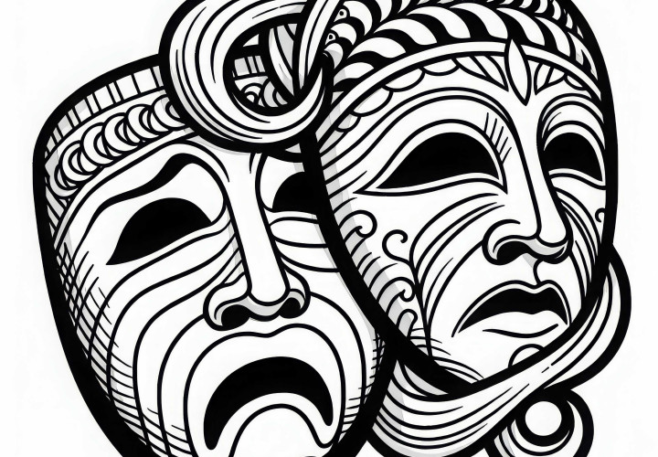 Theatermaske: Tragoedie und Komödie im klassischen Stil zum Ausmalen (Kostenlos)