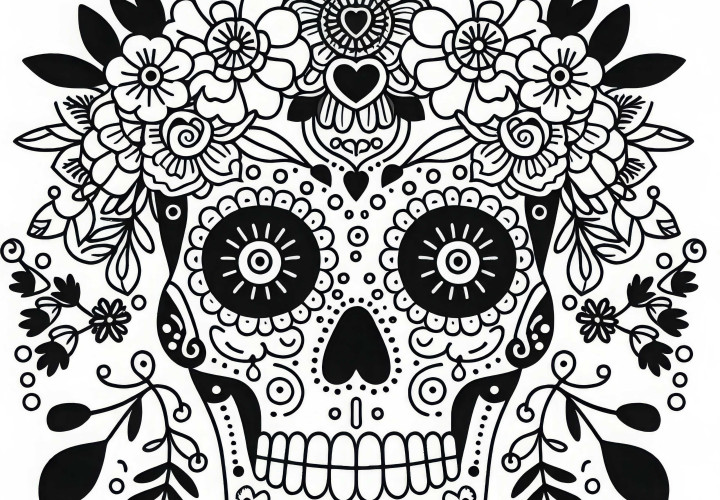 Mexikanische Totenkopfmaske mit Blumen und Ornamenten als Malvorlage (Kostenlos)