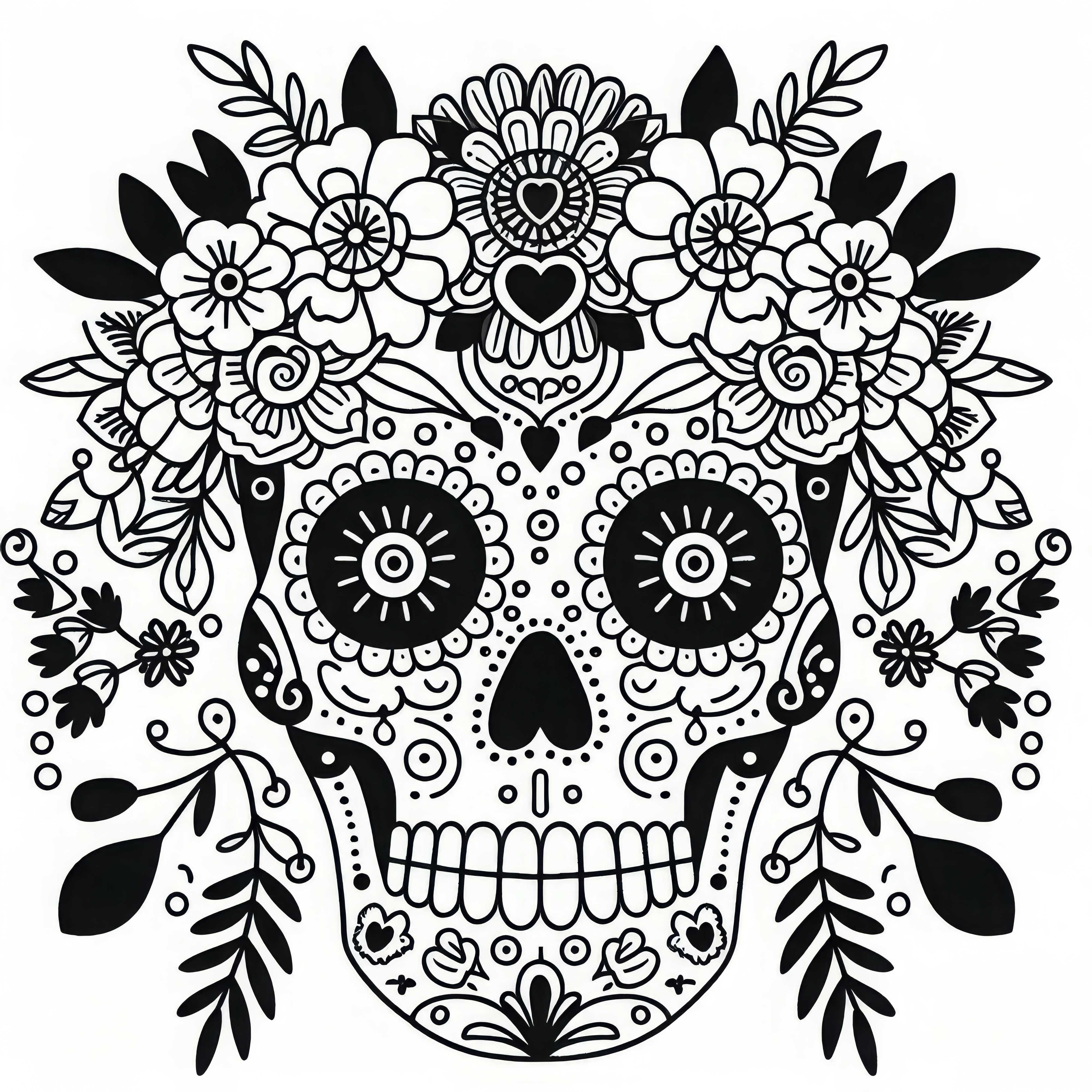 Mexikanische Totenkopfmaske mit Blumen und Ornamenten als Malvorlage (Kostenlos)