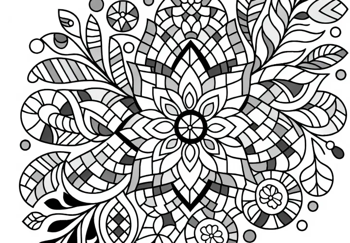 Geometrik karo elemanlardan oluşan dekoratif çiçek deseni: Ücretsiz boyama sayfası