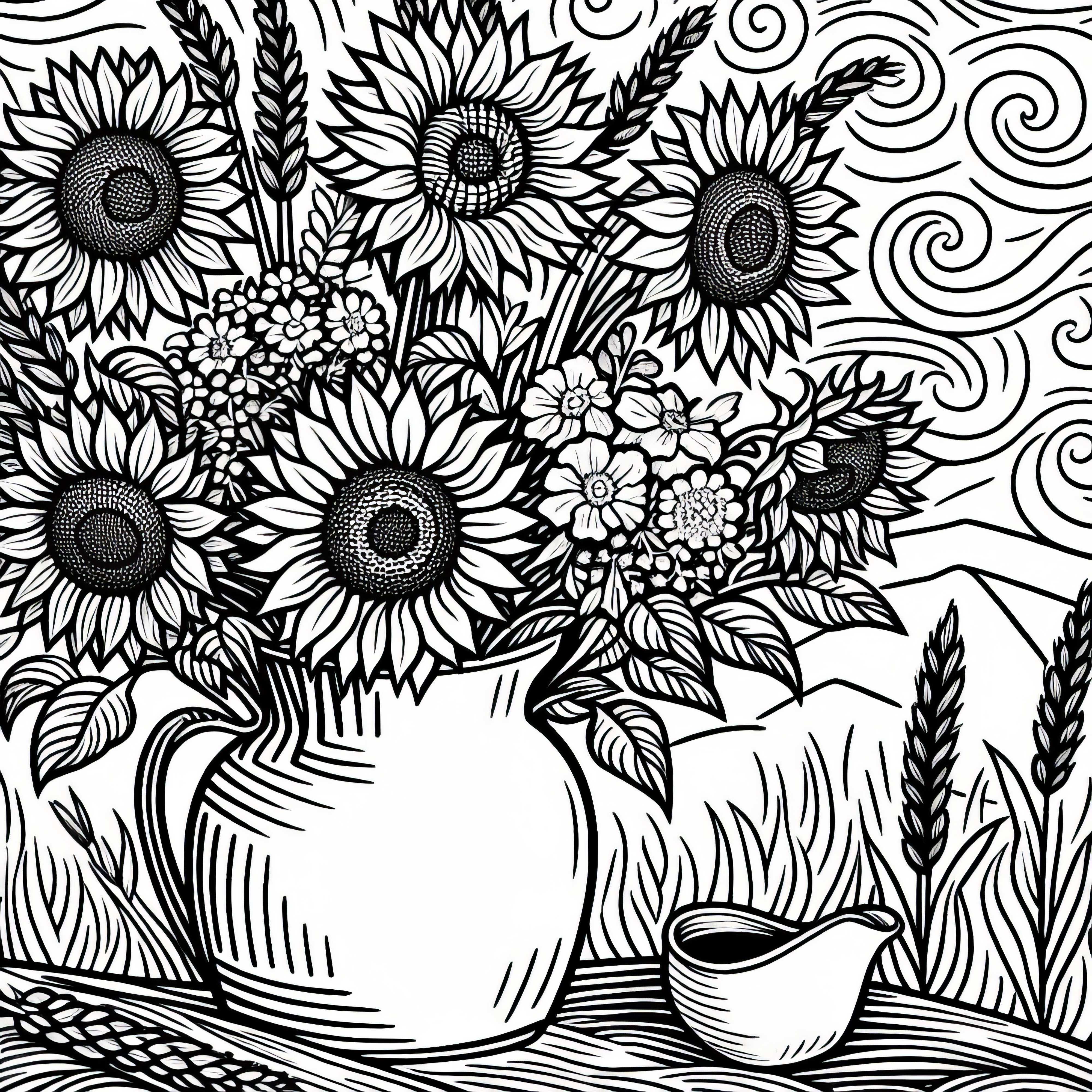 Vincent van Gogh'un Vazodaki Ayçiçekleri: İndirme için Boyama Şablonu (ücretsiz)