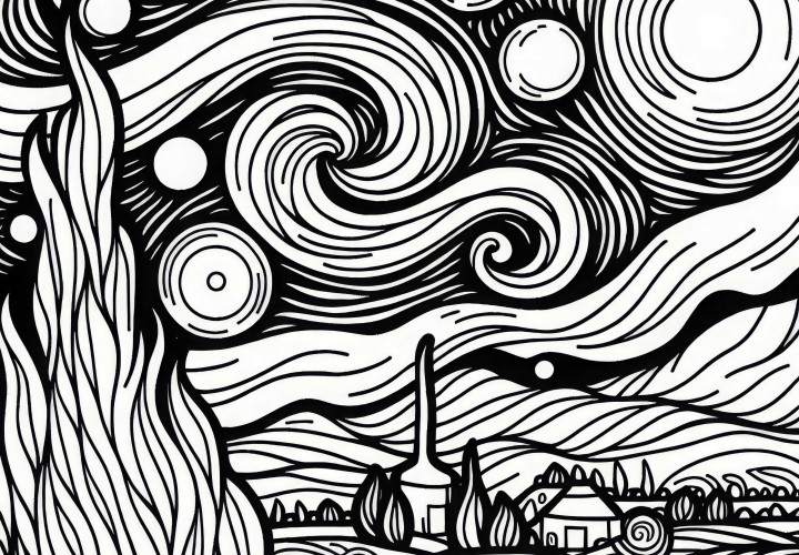 Dönme gökyüzü ve ay ile yıldızlı gece: Vincent van Gogh tarzında boyama kitabı (Ücretsiz)
