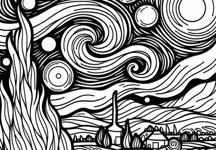 Dönme gökyüzü ve ay ile yıldızlı gece: Vincent van Gogh tarzında boyama kitabı (Ücretsiz)