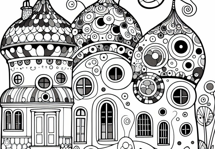 Yuvarlak pencereleri olan hayal gücüyle dolu ev: Friedensreich Hundertwasser tarzında boyama sayfası (Ücretsiz)