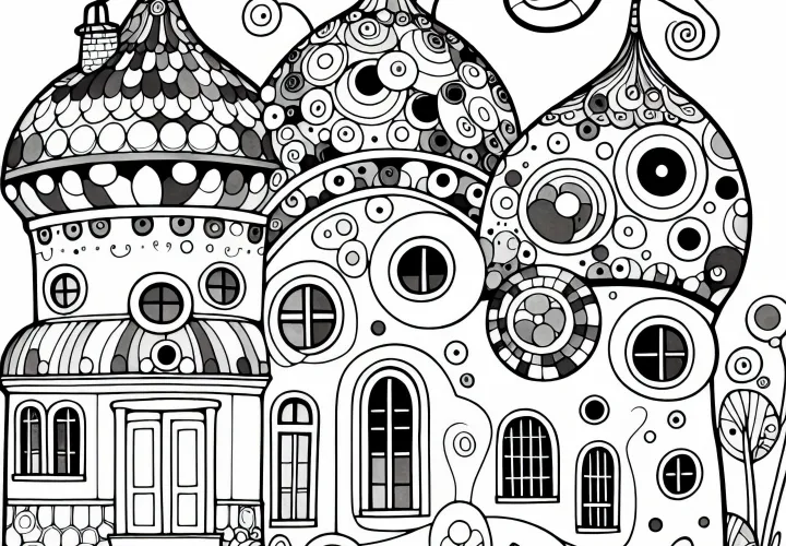 Yuvarlak pencereleri olan hayal gücüyle dolu ev: Friedensreich Hundertwasser tarzında boyama sayfası (Ücretsiz)