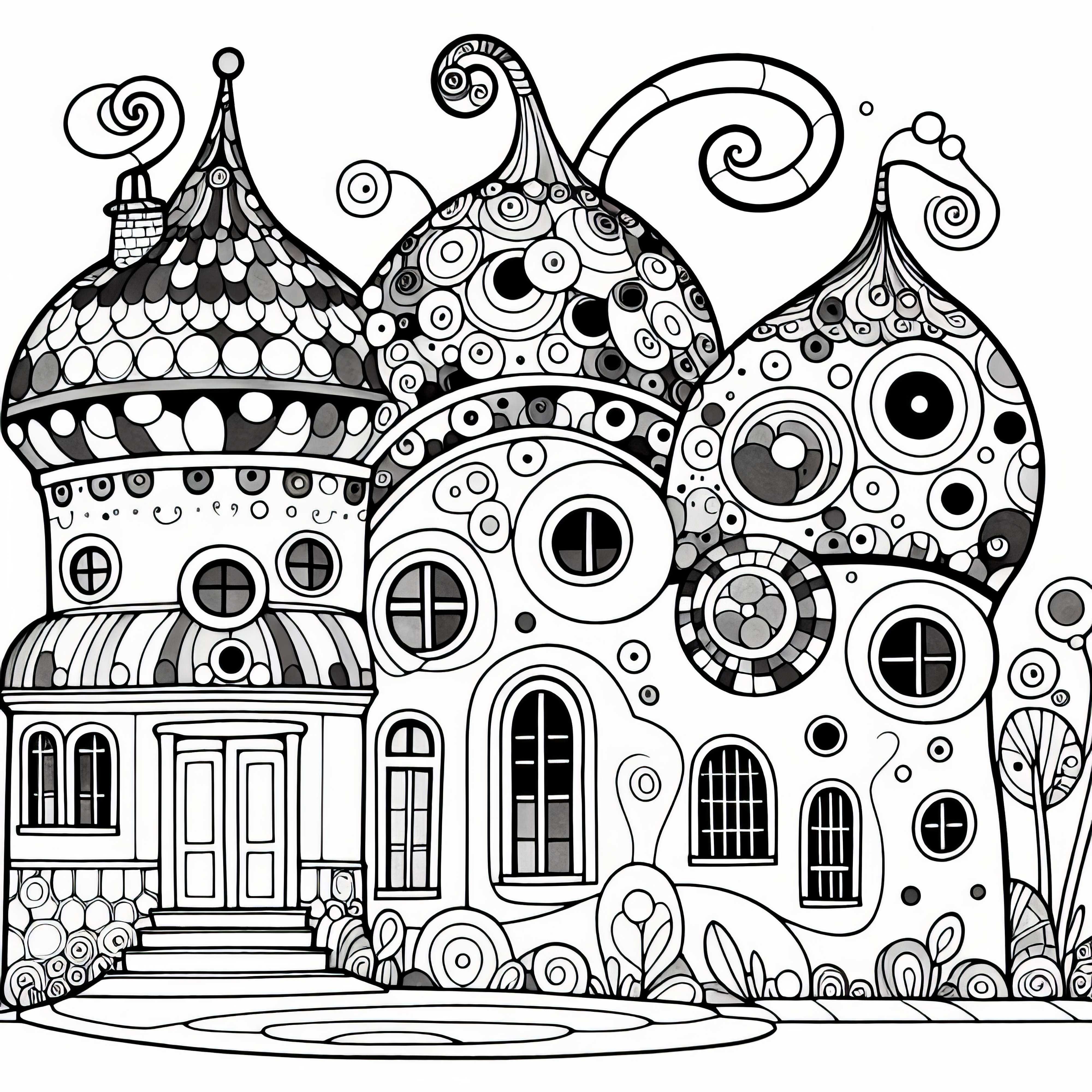 Yuvarlak pencereleri olan hayalperest ev: Friedensreich Hundertwasser tarzında boyama sayfası (Ücretsiz)