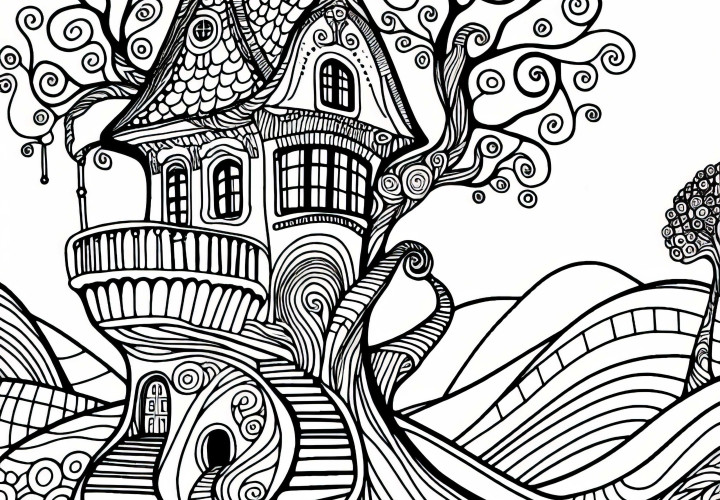 Friedensreich Hundertwasser tarzında kıvrımlı yollarla bir ağaç evi: Ücretsiz boyama sayfası