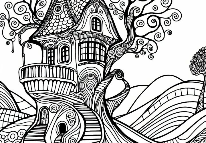 Friedensreich Hundertwasser tarzında kıvrımlı yollarla bir ağaç evi: Ücretsiz boyama sayfası