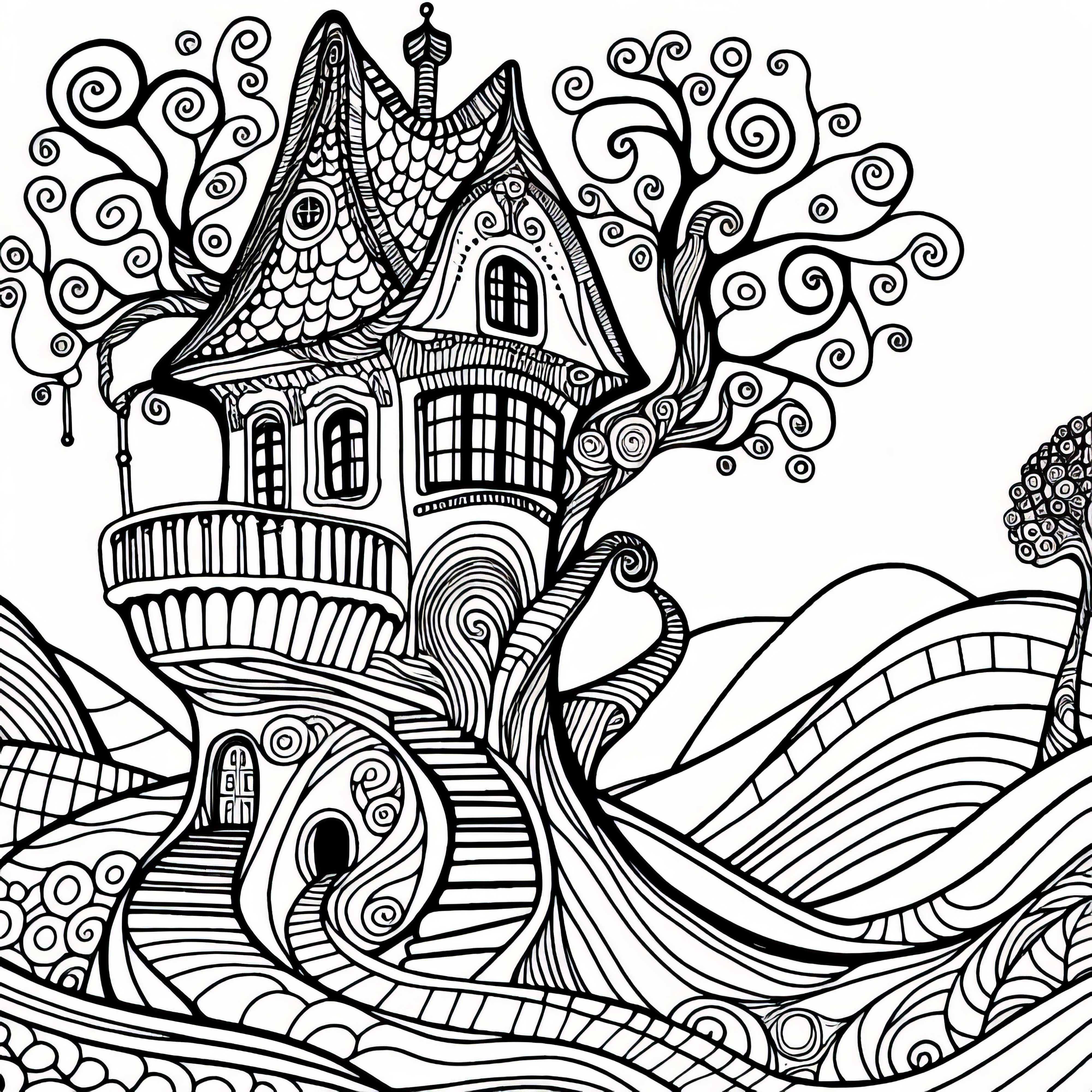 Friedensreich Hundertwasser tarzında dolambaçlı yollarla ağaç ev: Ücretsiz boyama sayfası