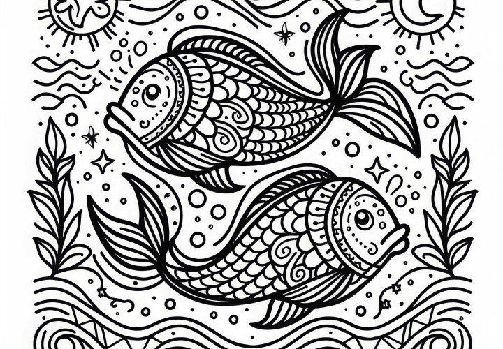 Coloring page of the Pisces zodiac sign – Free design
