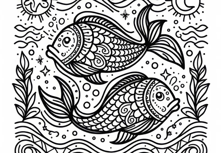Coloring page of the Pisces zodiac sign – Free design
