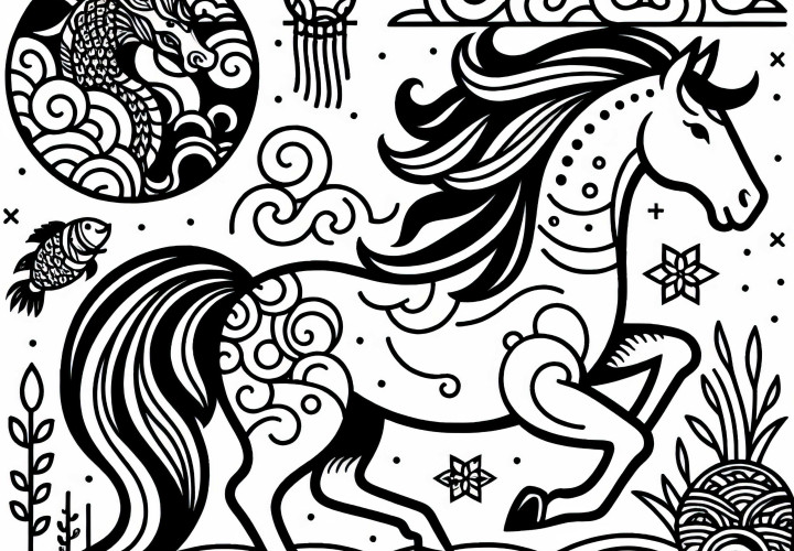 Horse coloring template Chinese Japanese Free