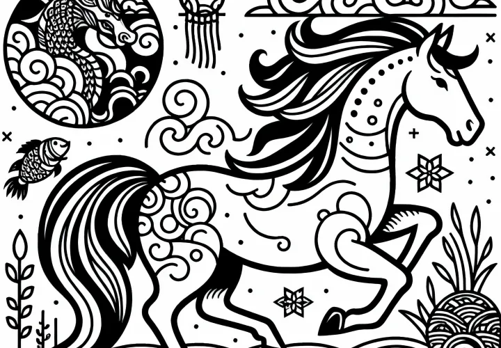 Horse coloring template Chinese Japanese Free