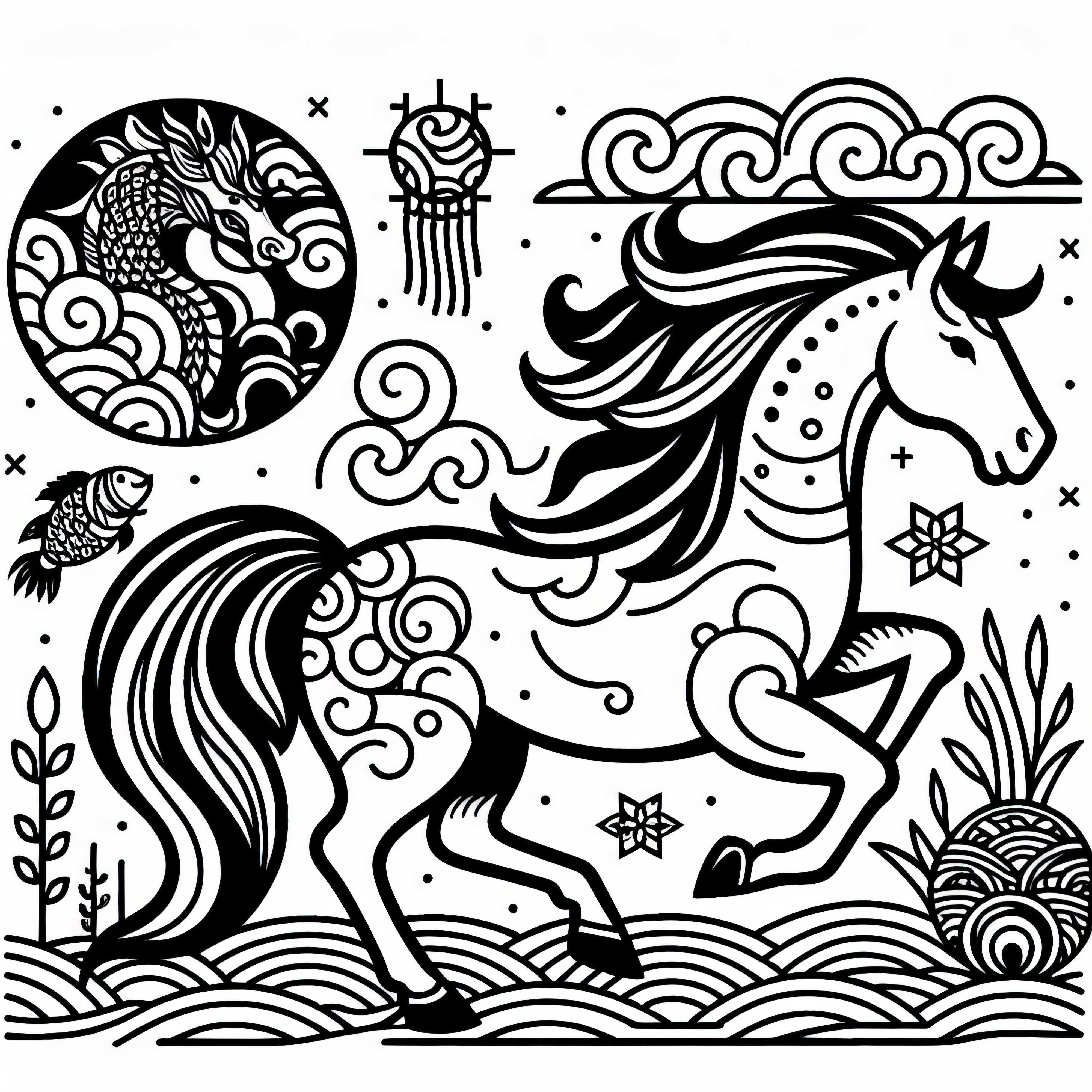 Horse coloring template Chinese Japanese Free
