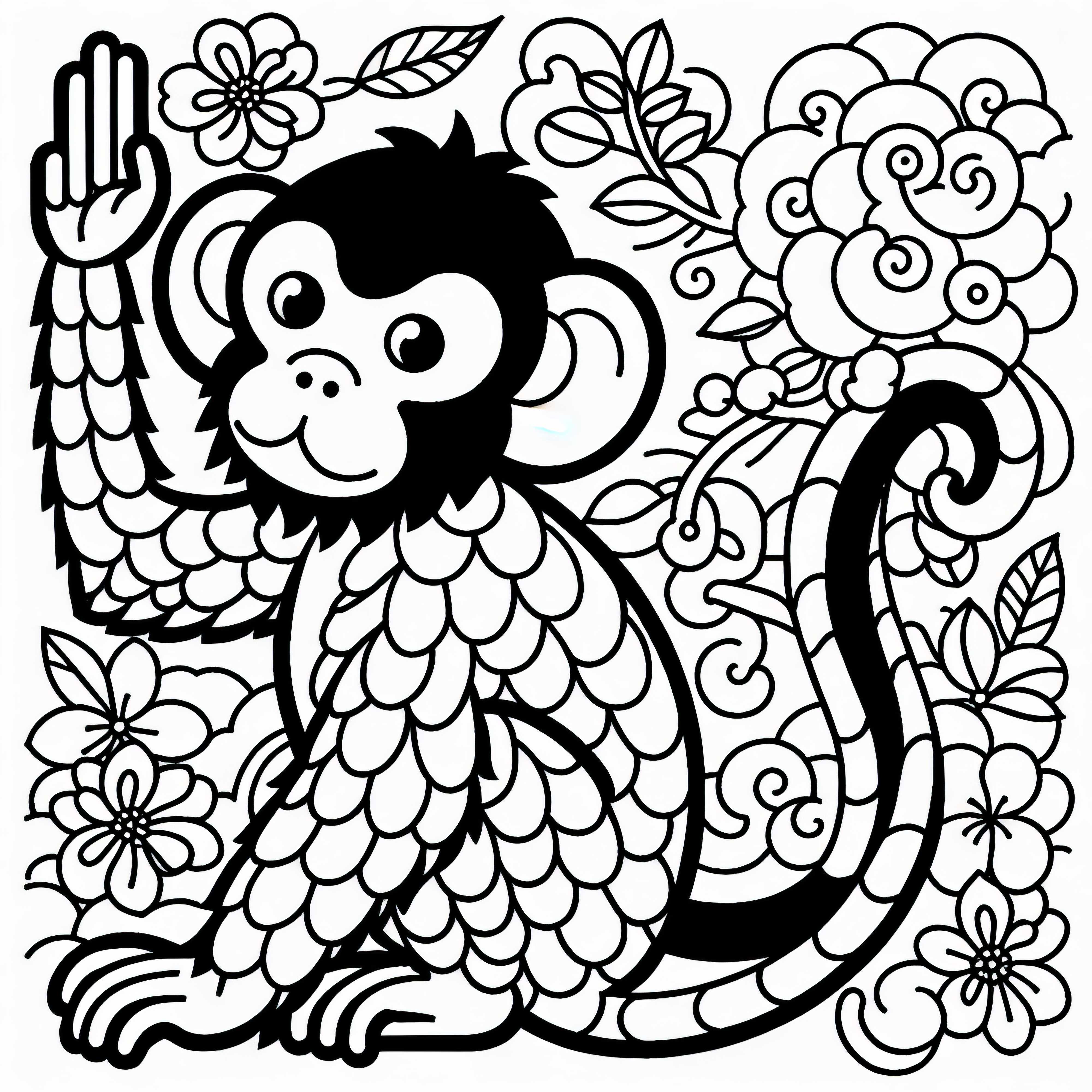 Monkey coloring page Chinese and Japanese zodiac sign free