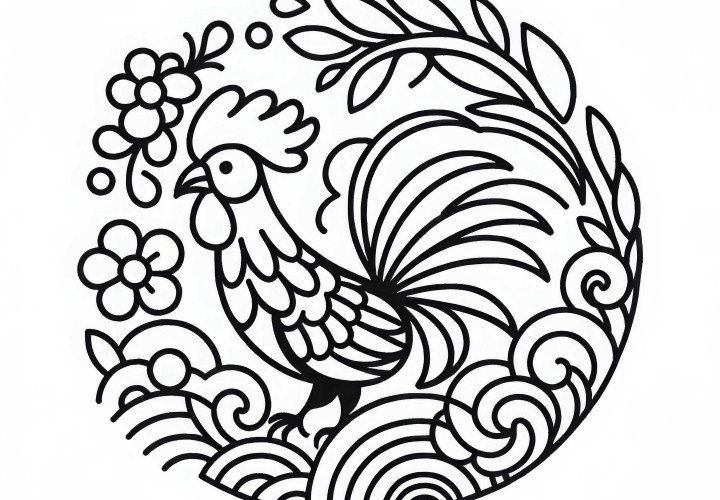 Rooster coloring template zodiac signs Chinese Japanese free