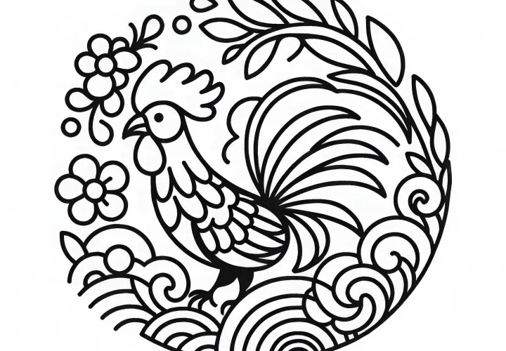 Rooster coloring template zodiac signs Chinese Japanese free