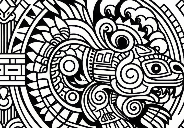 Coloring page of the Maya zodiac - Free Etznab mirror motif
