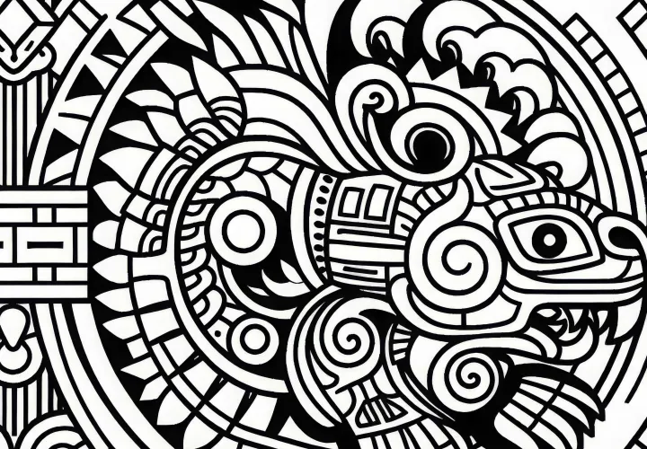 Coloring page of the Maya zodiac - Free Etznab mirror motif