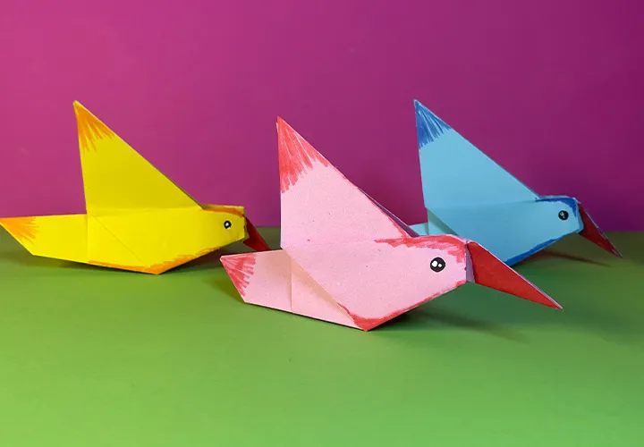 Fazer pássaro de origami - beija-flores coloridos de papel com vídeo e fotos