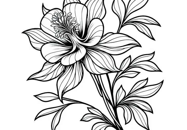 Květ květiny Akelei s křivolakými elegantními okvětními plátky – omalovánka zdarma