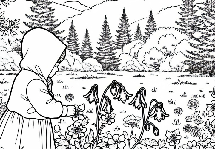 Dítě trhá květ akeleje na louce na okraji lesa - omalovánka zdarma