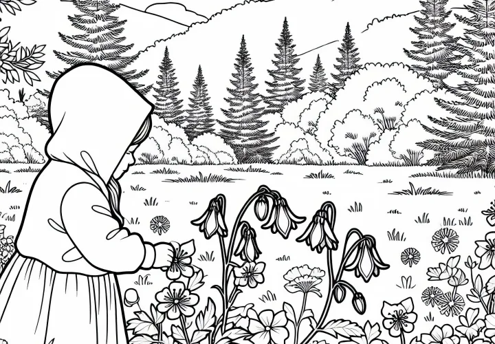 Dítě trhá květ akeleje na louce na okraji lesa - omalovánka zdarma