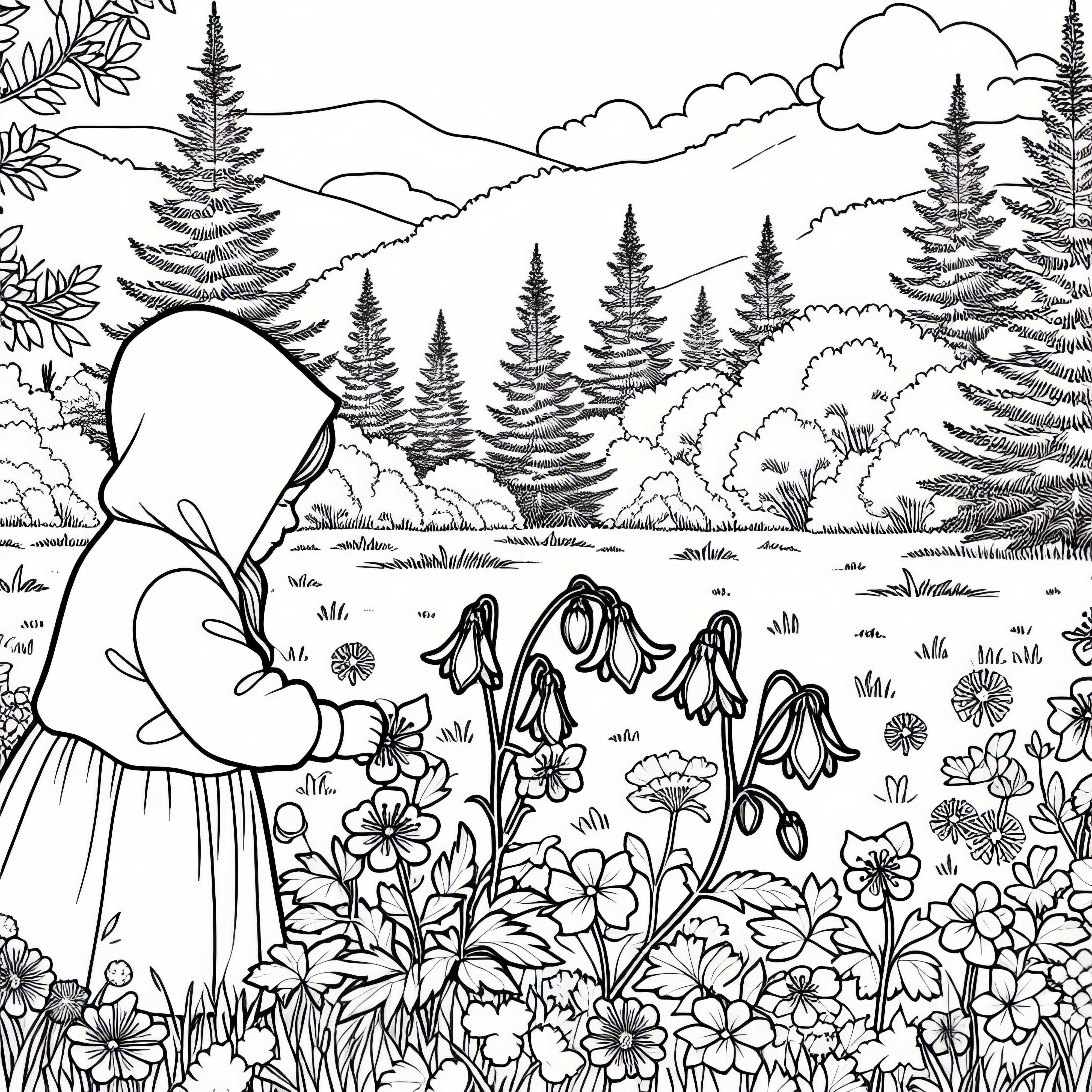 아이들이 숲 가장자리에 있는 들판에서 아켈레 꽃을 딴다 – 무료 색칠하기 템플릿 아이들이 숲 가장자리에 있는 들판에서 아켈레리아 꽃을 따고 있는 그림 - 무료 색칠하기 도안