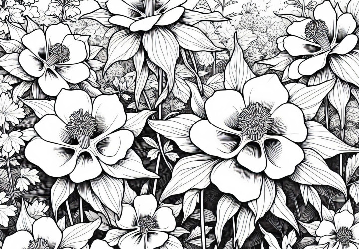 정원 화단에 여러 송이의 아킬레야 꽃 - 무료 색칠하기 그림