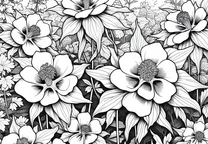 Více rostlin květiny akileje v zahradní záhoně - omalovánka zdarma