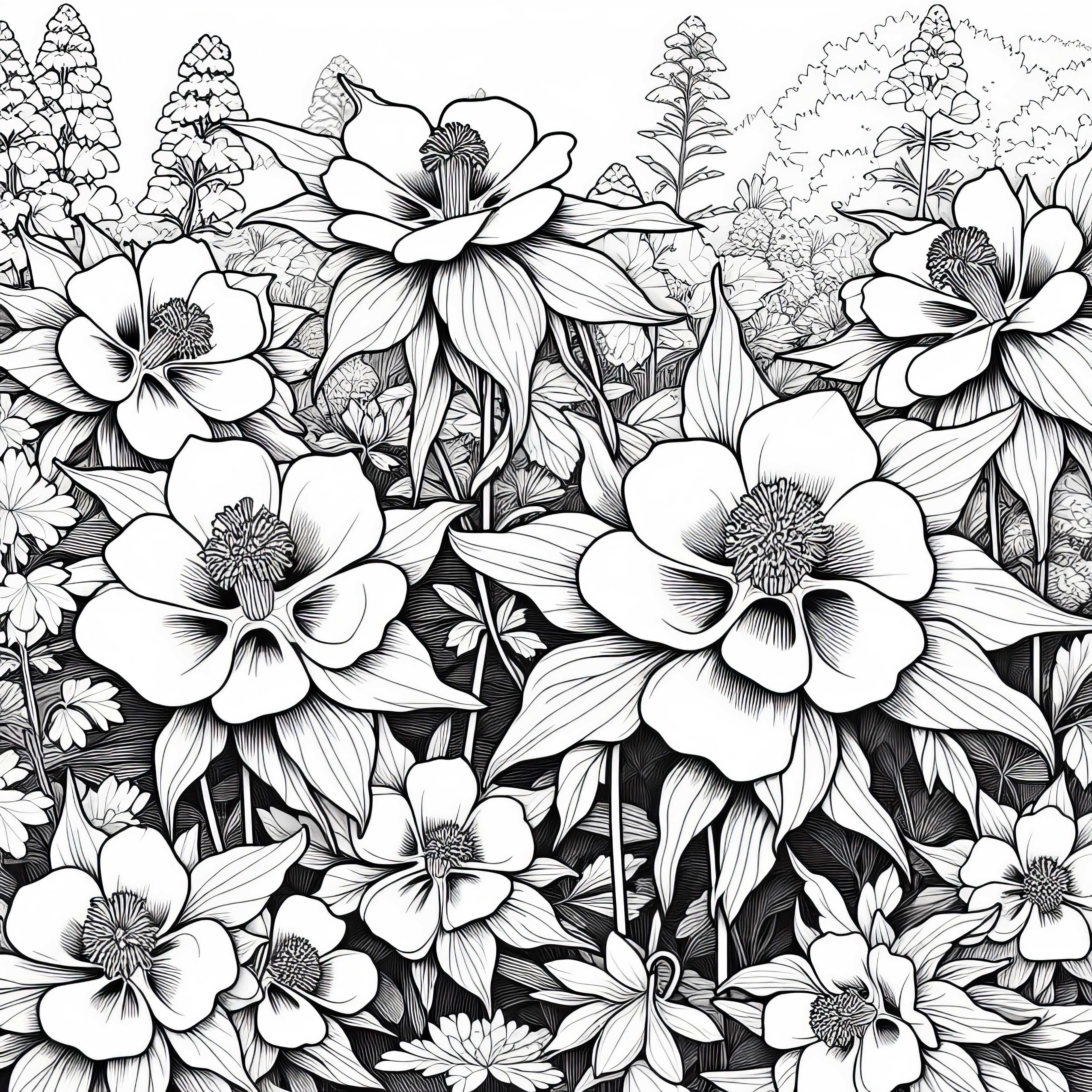 Several plants of the flower columbine in the garden bed - free coloring page