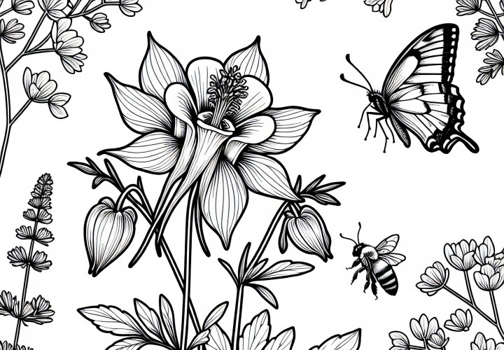꽃 아켈레아에서 나비와 벌 - 무료 색칠 그림