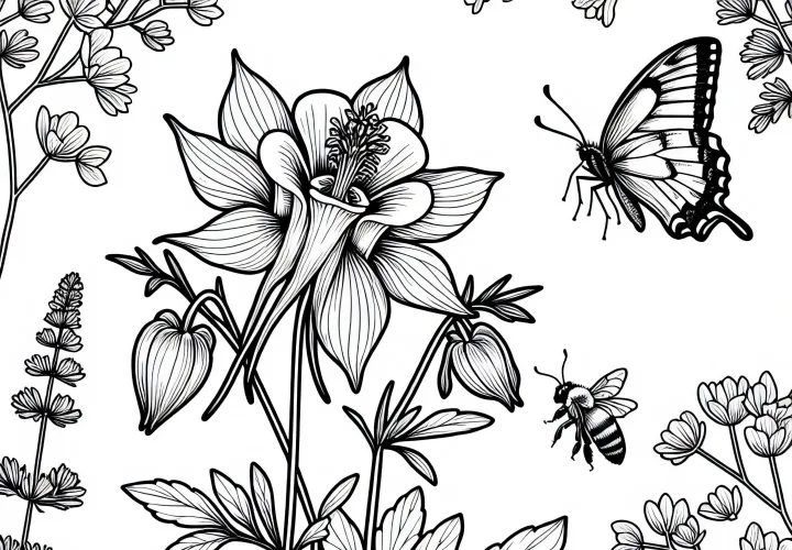 Motýl a včela u květiny Akelej – Omalovánka zdarma