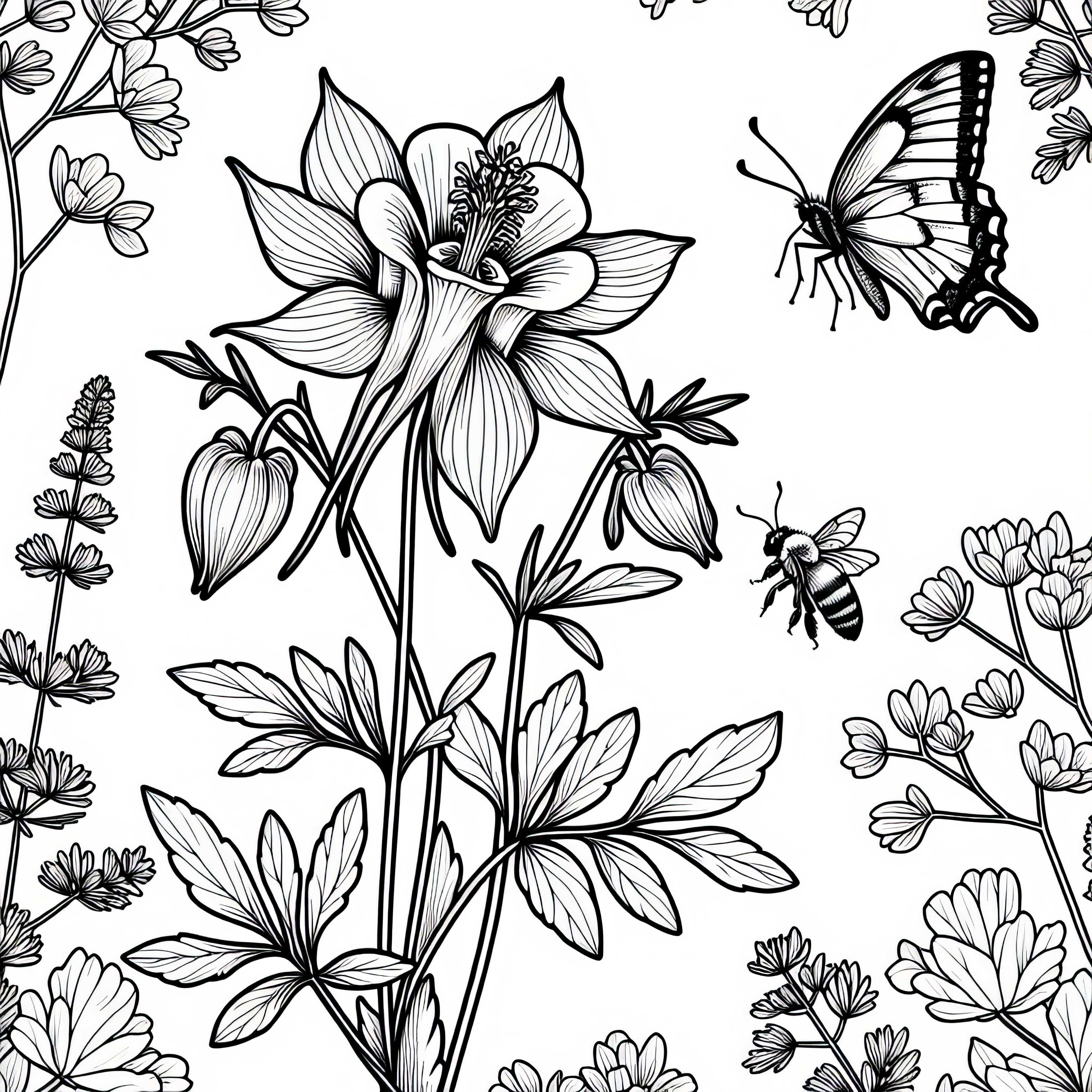 Motýľ a včela pri kvete akéla – bezplatná omaľovánka