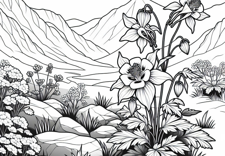 아켈레이는 돌 사이에서 야생으로 자랍니다 - 무료 색칠 그림