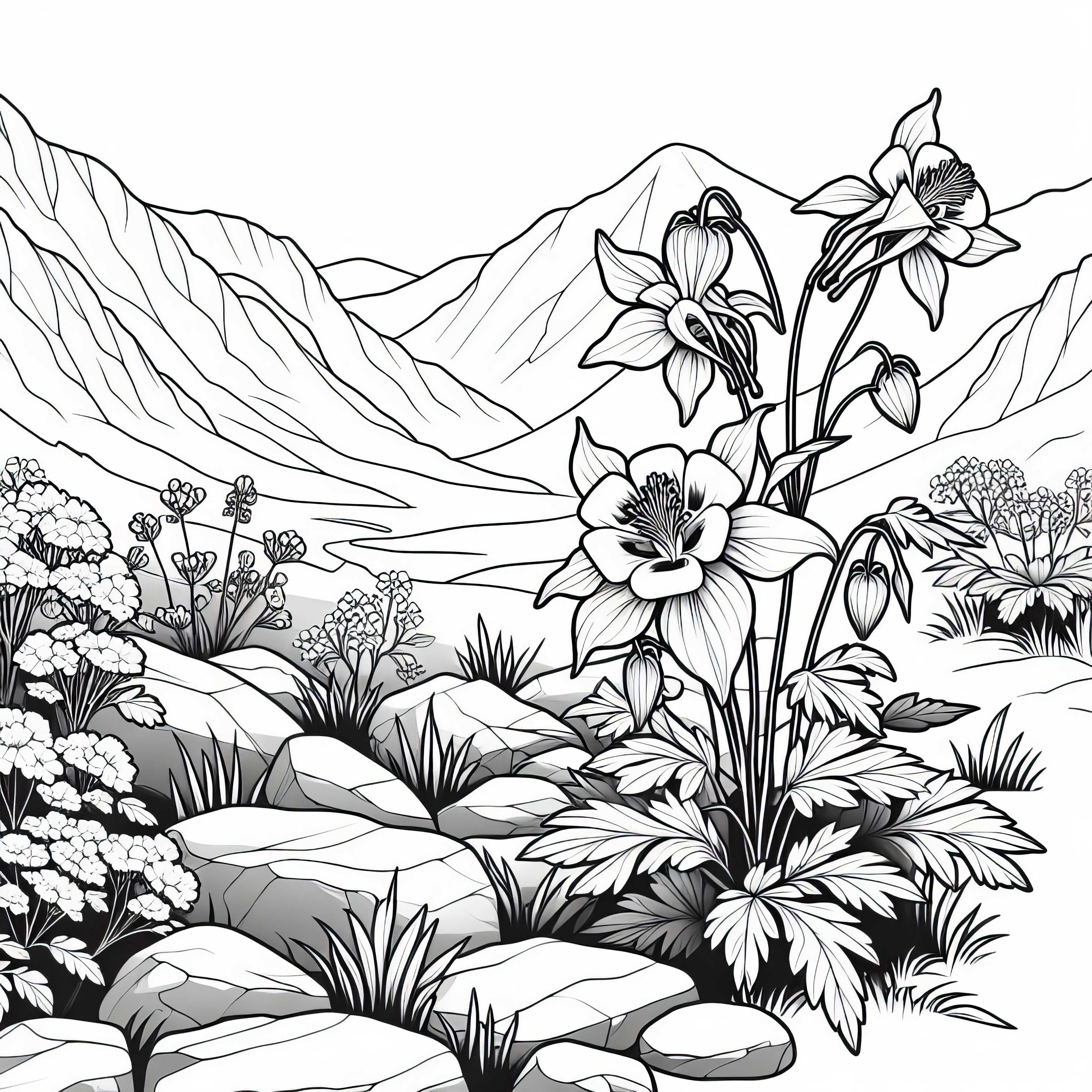 Akelei crește sălbatic între pietre – Desen de colorat gratuit