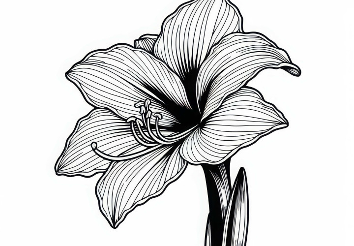 トランペット型の形をしたアマリリスの花とわずかに曲がった葉 - 無料ぬりえ